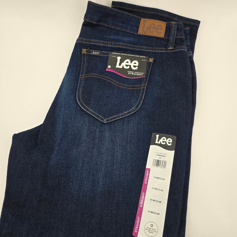 Lee Straight‎ Leg Jeans Womens Mid Rise Regular Fit Deep Indigo Blue 18M NEW
